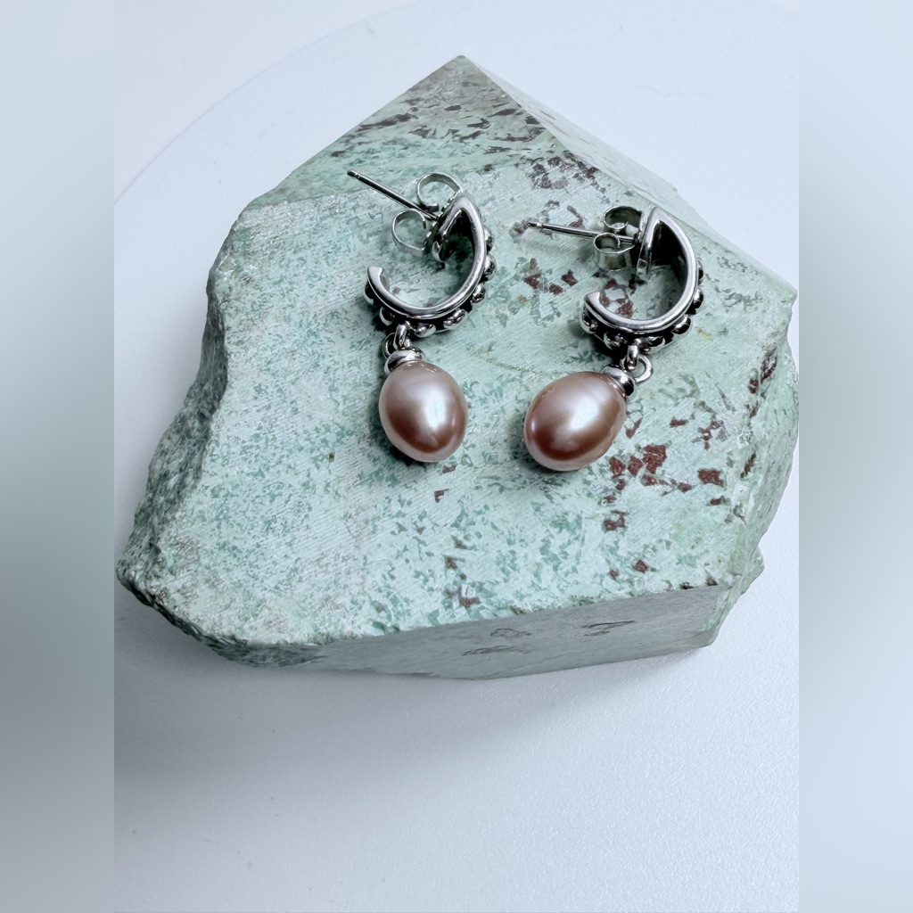 Vintage Honora Sterling Caviar Designer Pink Pearl Drop Hoop Post Earrings 79$